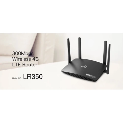 A sleek black wireless 4G LTE router with four antennas designed for enhanced connectivity. The device offers a speed of 300Mbps, ideal for fast internet access.