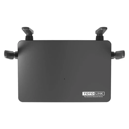 The image shows a black Toto Link wireless 4G LTE router with four adjustable antennas. The router has a sleek, rectangular design with the brand logo on the front.