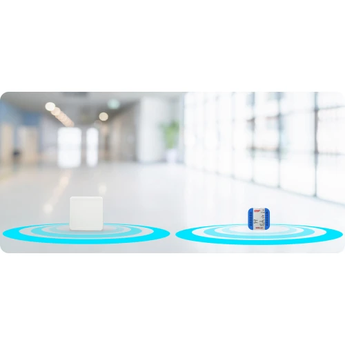 The image features a wireless roller shutter controller system, consisting of a sleek white wall switch and a compact blue and white control module. Both components are displayed on a bright, modern background with circular blue accents highlighting their wireless connectivity.