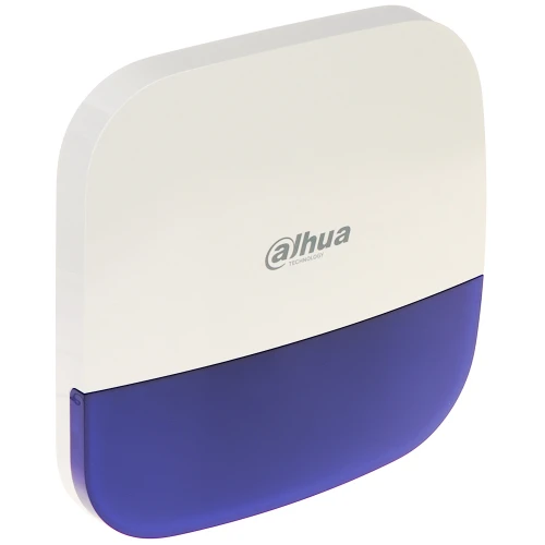 The image shows a sleek, white and blue wireless outdoor siren with a modern design. The siren features the Dahua Technology logo prominently on the front.