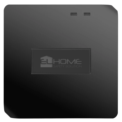 A sleek black wireless alarm system component with a minimalist design and the EL Home Safety Solution logo prominently displayed. The device features two small indicator lights on the top edge.