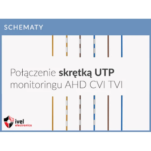 Diagram of the connection of video signal and power supply in AHD CVI TVI surveillance systems using UTP cable.
