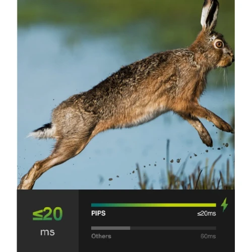 A thermal imaging monocular is displayed, showcasing its advanced targeting capabilities with a focus on speed and precision. The image highlights the device's ability to track fast-moving wildlife, emphasizing its efficiency with a response time of 20 milliseconds.
