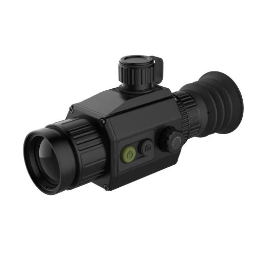 A sleek, black thermal imaging monocular with a textured grip and multiple control buttons for easy operation. The device features a prominent lens and an ergonomic eyepiece for comfortable viewing.