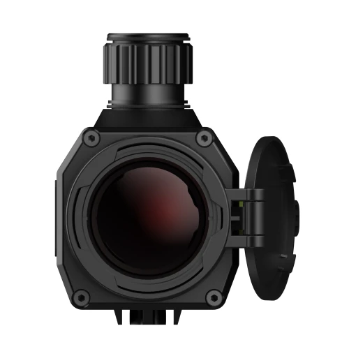 A black thermal imaging monocular with a large, round lens and a textured focus ring is shown. The device features a flip-up lens cover, providing protection and easy access.