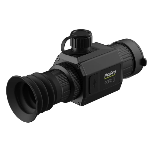 A sleek, black thermal imaging monocular with a textured grip and adjustable eyepiece, designed for precision and comfort. The device features a compact, durable body with clearly marked control buttons for easy operation.