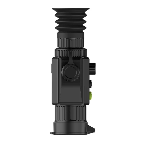 A black thermal imaging monocular with a ribbed eyepiece and multiple adjustment knobs for precision viewing. The device features a sleek, cylindrical design with a matte finish and ergonomic grip.