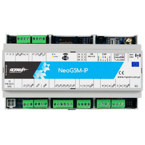 Ropam NeoGSM-IP-D9M alarm control panel in a DIN housing