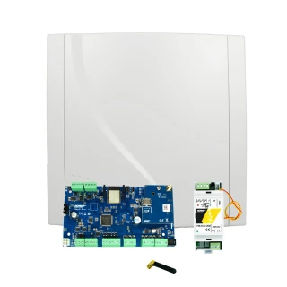 The image shows a white alarm control panel with a sleek, minimalist design, accompanied by a blue circuit board and additional components. These elements are designed for advanced security system integration, offering versatile connectivity options.