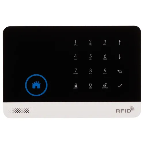 A sleek black and white alarm control panel with a touch keypad and RFID functionality. The panel features a home icon and various buttons for call, arm, SOS, and disarm functions.