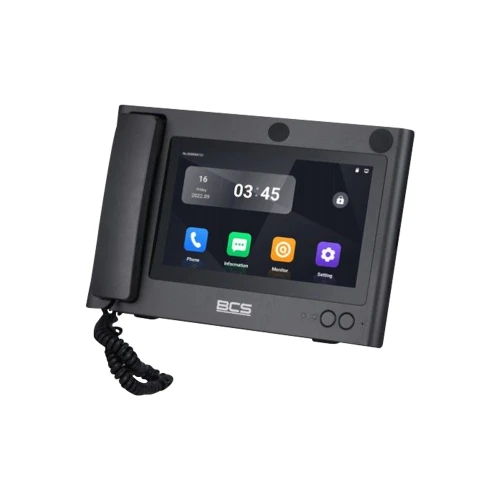 A sleek, black intercom system with a touchscreen display and a handset on the left side. The screen shows various icons for phone, information, monitor, and settings, along with the time and date.