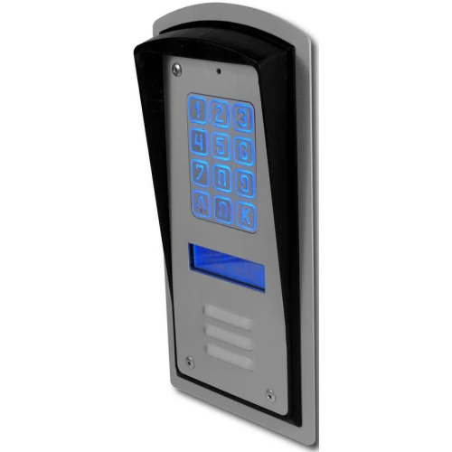 A sleek digital intercom panel with a blue backlit keypad and a modern design. The panel features a durable metal casing and a clear display screen for easy use.