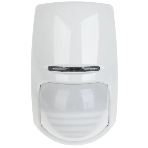 A sleek, white wireless motion sensor with a glossy finish and a central black strip for detection. The compact design is ideal for discreet installation in various security systems.