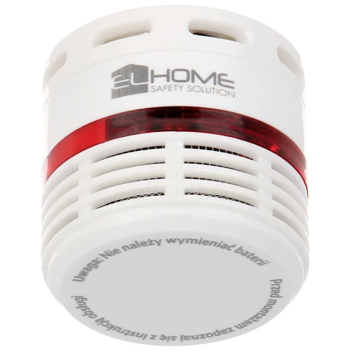 A compact white smoke detector with a red translucent band encircling its middle section. The device features ventilation slits and a logo on the top, designed for home safety solutions.