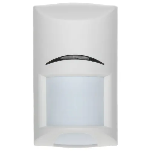 The image shows a sleek, white Bosch motion detector with a curved black sensor at the top. It features a rectangular design with a subtle, modern aesthetic suitable for indoor security systems.