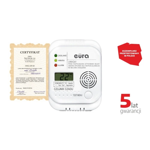 The image shows a white carbon monoxide detector with a digital display and indicator lights, accompanied by a certificate. A red badge highlights that the product is calibrated in Poland, and there is a note of a 5-year warranty.