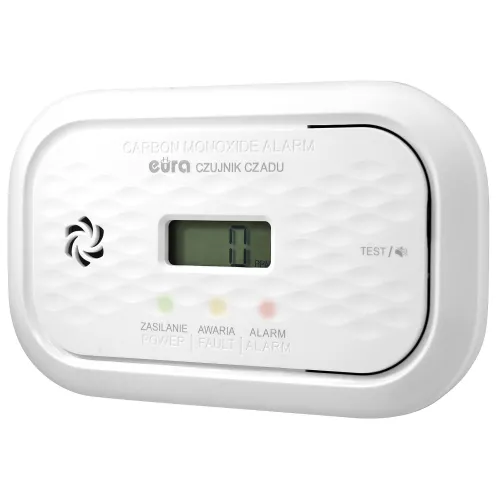 White carbon monoxide alarm with a digital display showing "0 PPM" and labeled buttons for power, fault, and alarm. The device features a test button and a vented design for optimal functionality.