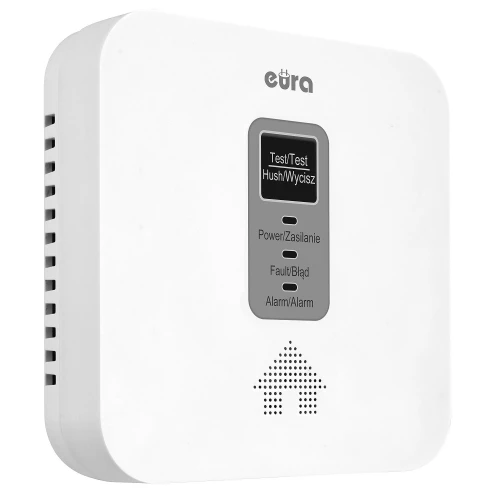 A white carbon monoxide and natural gas detector with a digital display and control buttons for testing and silencing alarms. The device features a sleek, modern design with ventilation slots on the sides.