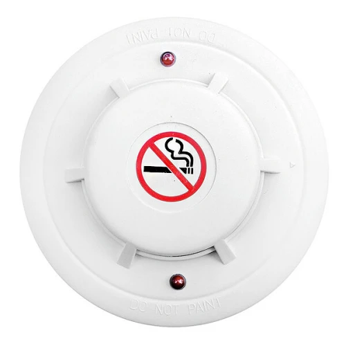 A round, white smoke detector designed to detect cigarette smoke features a prominent no-smoking symbol in the center. The device includes two small red indicator lights on its surface.