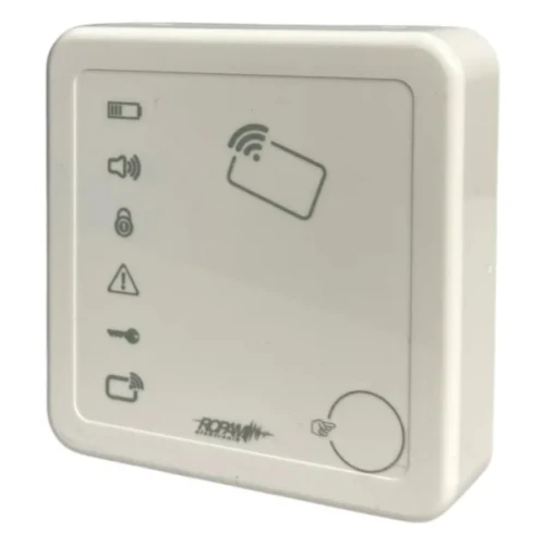 A white RFID card and key fob reader with multiple indicator icons on the front panel. The device features a sleek, compact design suitable for access control systems.