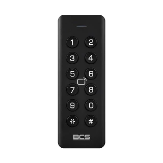 A sleek black proximity card reader with a numeric keypad featuring illuminated buttons for easy access control. The device is designed for secure entry, displaying a modern and minimalist aesthetic.