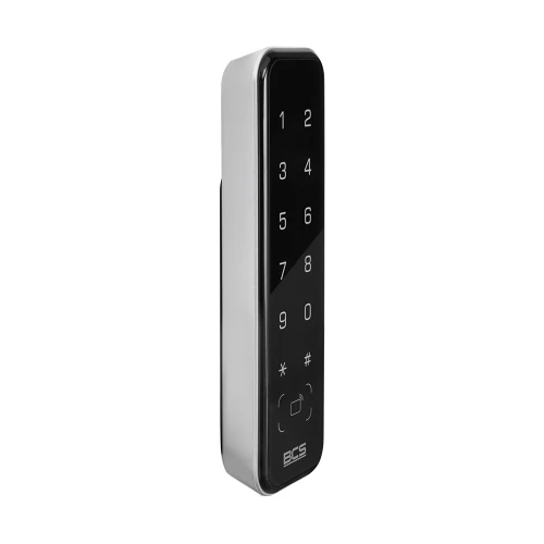 A sleek, modern proximity card reader with a glossy black front panel featuring a numeric keypad. The device is designed for secure access control, combining functionality with a stylish silver casing.