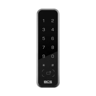 A sleek, black proximity card reader with a glossy finish features a numeric keypad and touch-sensitive buttons. The device is designed for secure access control, displaying numbers 0-9 along with star and hash symbols.