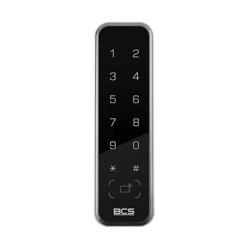 A sleek, black proximity card reader with a glossy finish features a numeric keypad and touch-sensitive buttons. The device is designed for secure access control, displaying numbers 0-9 along with star and hash symbols.