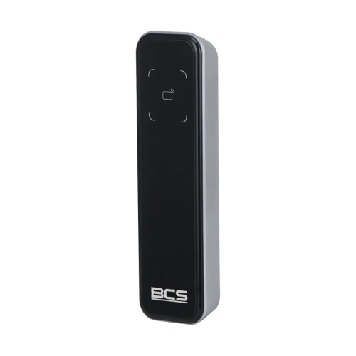 A sleek, black proximity card reader with a minimalist design and a small icon indicating card placement. The device features the BCS logo at the bottom, suitable for secure access control systems.