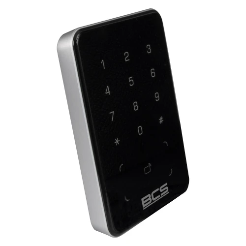 A sleek, black proximity card reader with a touch-sensitive keypad and a silver frame. The device features a modern design with illuminated numeric keys and a logo at the bottom.