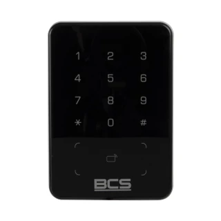 A sleek black proximity card reader with a numeric keypad and touch-sensitive buttons. The device features a glossy finish and the BCS logo at the bottom.