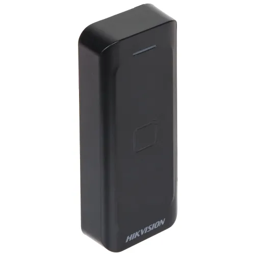 A sleek, black proximity card reader with a minimalist design and a subtle LED indicator on the front. The device features the Hikvision logo at the bottom, emphasizing its brand identity.