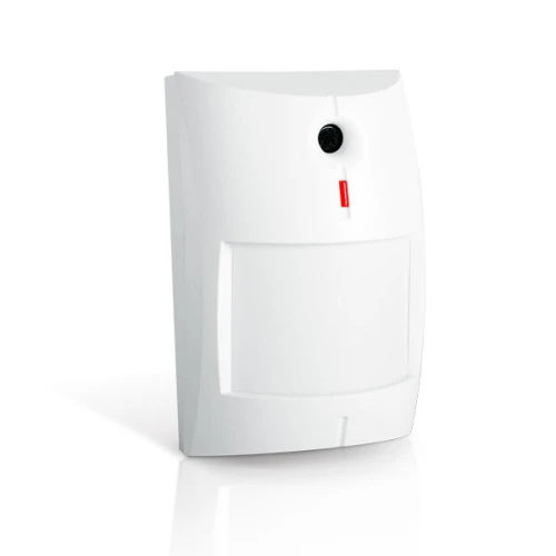 A sleek, white dual motion sensor with a curved design and a small black lens at the top. It features a red indicator light below the lens, enhancing its modern appearance.