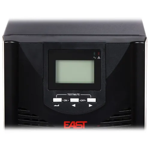 The image shows a black electronic device with a large, clear LCD display and control buttons labeled "Test/Mute," "On," and "Off." The brand name "EAST" is prominently displayed in red at the bottom of the device.