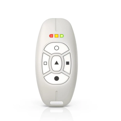 A sleek, oval-shaped remote control with a white finish features multiple buttons, including directional arrows and LED indicators. The design is modern and user-friendly, suitable for intuitive operation.