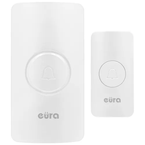 Wireless doorbell set in white featuring a sleek, modern design with a prominent bell icon on the main unit. The set includes a larger receiver and a smaller transmitter, both branded with the Eura logo.