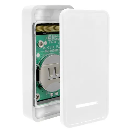 Wireless doorbell in a sleek white casing with an open view showing the internal components. The design allows for easy expansion and operates on a DC 3V power supply.
