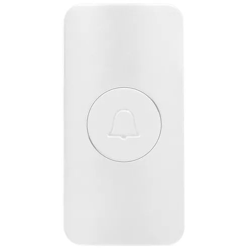 A sleek, white wireless doorbell with a minimalist design features a subtle bell icon embossed on the button. The device offers expandability options and operates on DC 3V power.