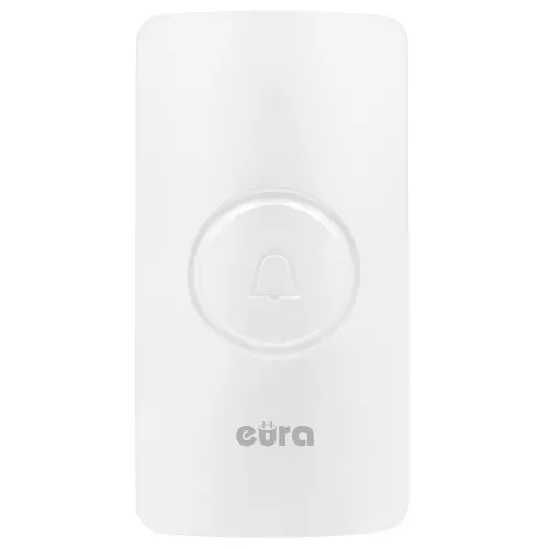 Wireless doorbell in sleek white design with a subtle bell icon in the center. The device features the brand logo at the bottom and offers expansion capabilities.