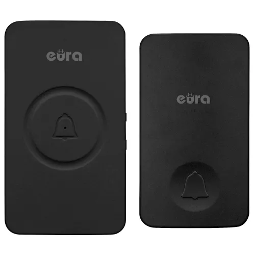 A sleek black wireless doorbell set featuring a kinetic push button and a plug-in receiver, both with a minimalist design. The doorbell is expandable, allowing for additional units to be added seamlessly.