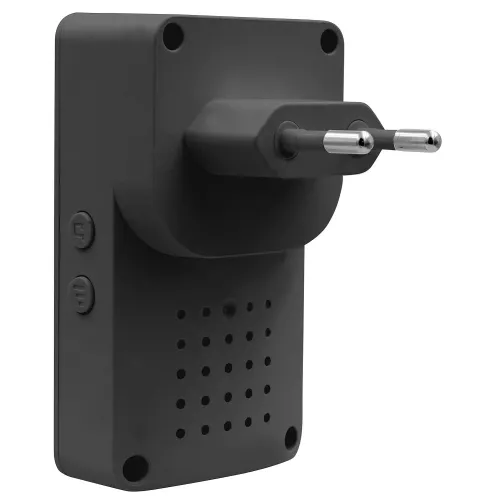 A black wireless doorbell with a kinetic design, featuring a plug-in receiver for easy installation. The device includes buttons on the side and a perforated speaker area for sound output.