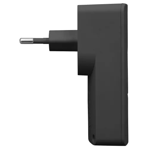 The image shows a sleek, black wireless doorbell with a kinetic design, featuring a compact and modern appearance. The device is designed for easy expansion and installation, offering a practical solution for home entry alerts.