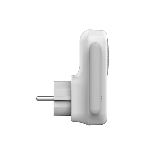 A sleek, white indoor chime with a compact design and a European plug for easy wall socket installation. The side view highlights its smooth, rounded edges and minimalist aesthetic.