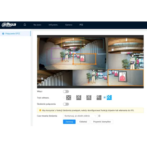 A surveillance camera interface displays multiple tracking zones over a live feed, showing a person standing in a room with various objects. The interface includes options for enabling tracking, adjusting settings, and configuring the camera's operation.