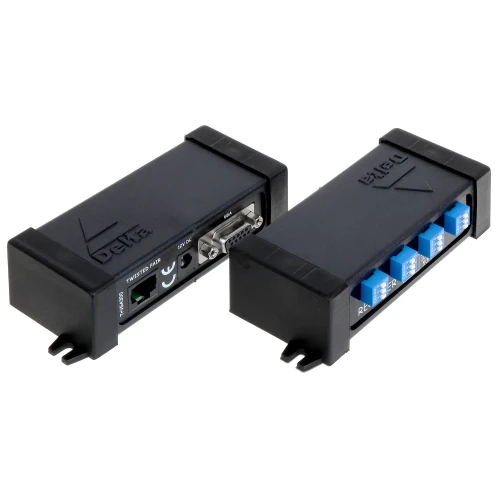 A pair of black VGA extenders with multiple connection ports, including VGA and Ethernet, designed for extending video signals over long distances. The compact design features durable casing and clear labeling for easy installation and use.