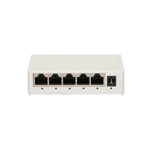 A compact white network switch featuring five Ethernet ports and a power input on the side. The design is minimalistic, suitable for efficient connectivity in small office or home environments.
