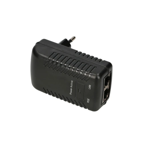 A black Power over Ethernet (PoE) adapter with a European plug features LAN and PoE ports on one end. The device has labeled indicators for power and active status on its side.