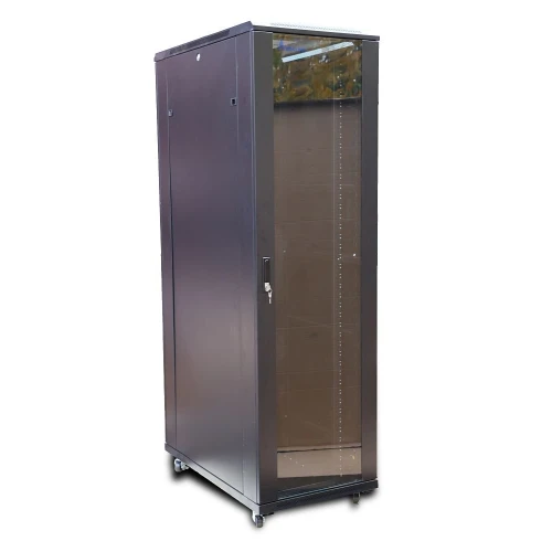 A tall, black server rack cabinet with a transparent front door and lock, designed for secure storage of networking equipment. It features wheels for easy mobility and ventilation slots for optimal airflow.