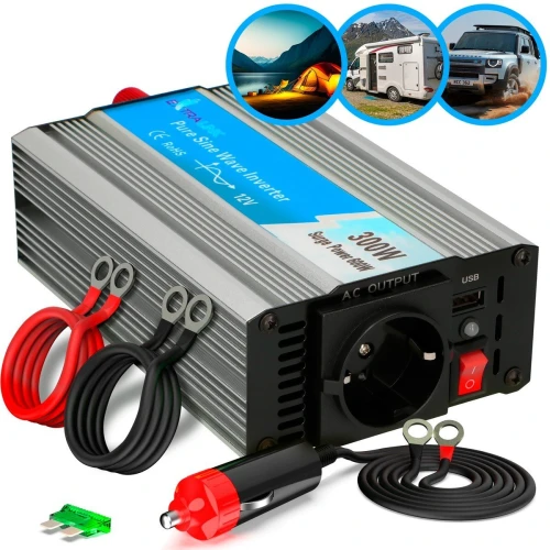A power inverter with a sleek silver and blue design, featuring AC and USB outputs for versatile charging options. The package includes cables with ring terminals and a car adapter plug for easy connectivity.