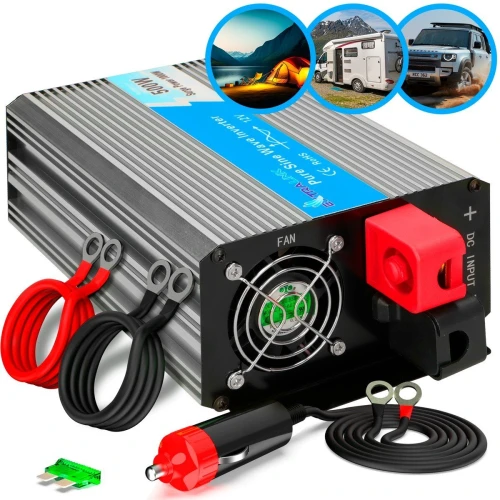 The image shows a power inverter with a robust aluminum casing, featuring multiple connection cables and a cooling fan. It is designed for use in vehicles and outdoor activities, as depicted by the camping and travel images in the background.
